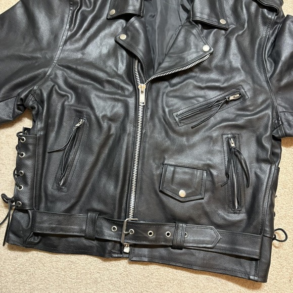 Leather Motorcycle Jacket Mens 44 Black Belted Side Lace Biker Zip Pockets - Picture 11 of 16